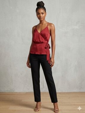 Express Burgundy Wrap-Front Satin Cami with Tie